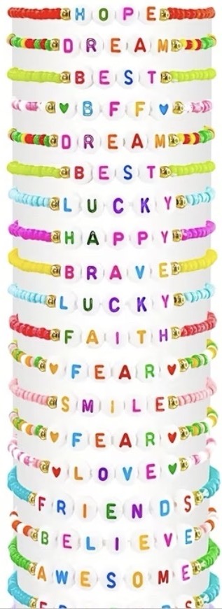 A display stand of colorful handmade letter-bead word bracelets reading HOPE, DREAM, BEST, BFF, LUCKY, HAPPY, BRAVE, FAITH, SMILE, LOVE, FRIENDS, BELIEVE, AWESOME and more