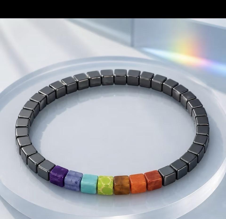 Handmade 7 chakra bracelet with dark cube beads and seven colored gemstone cubes