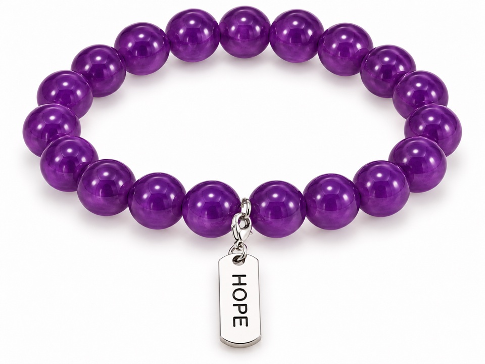 Finished purple beaded bracelet with a silver HOPE tag charm