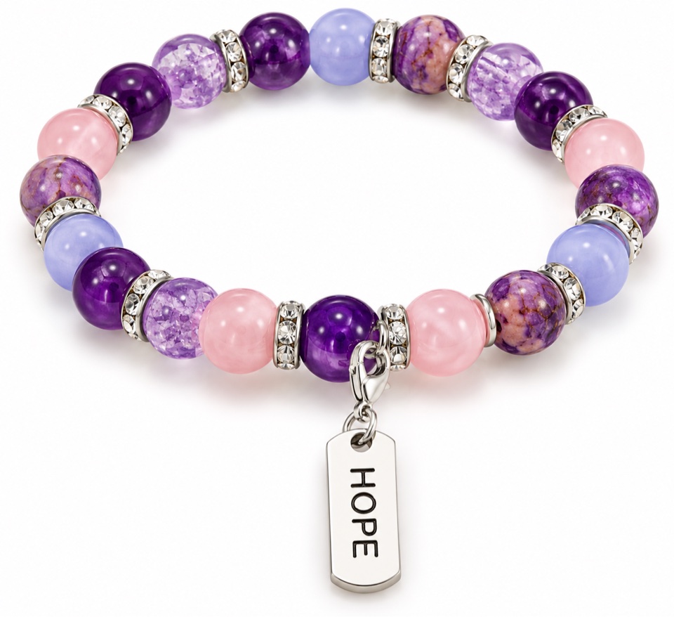 Finished purple and pink stone bracelet with rhinestone spacers and a silver HOPE tag charm
