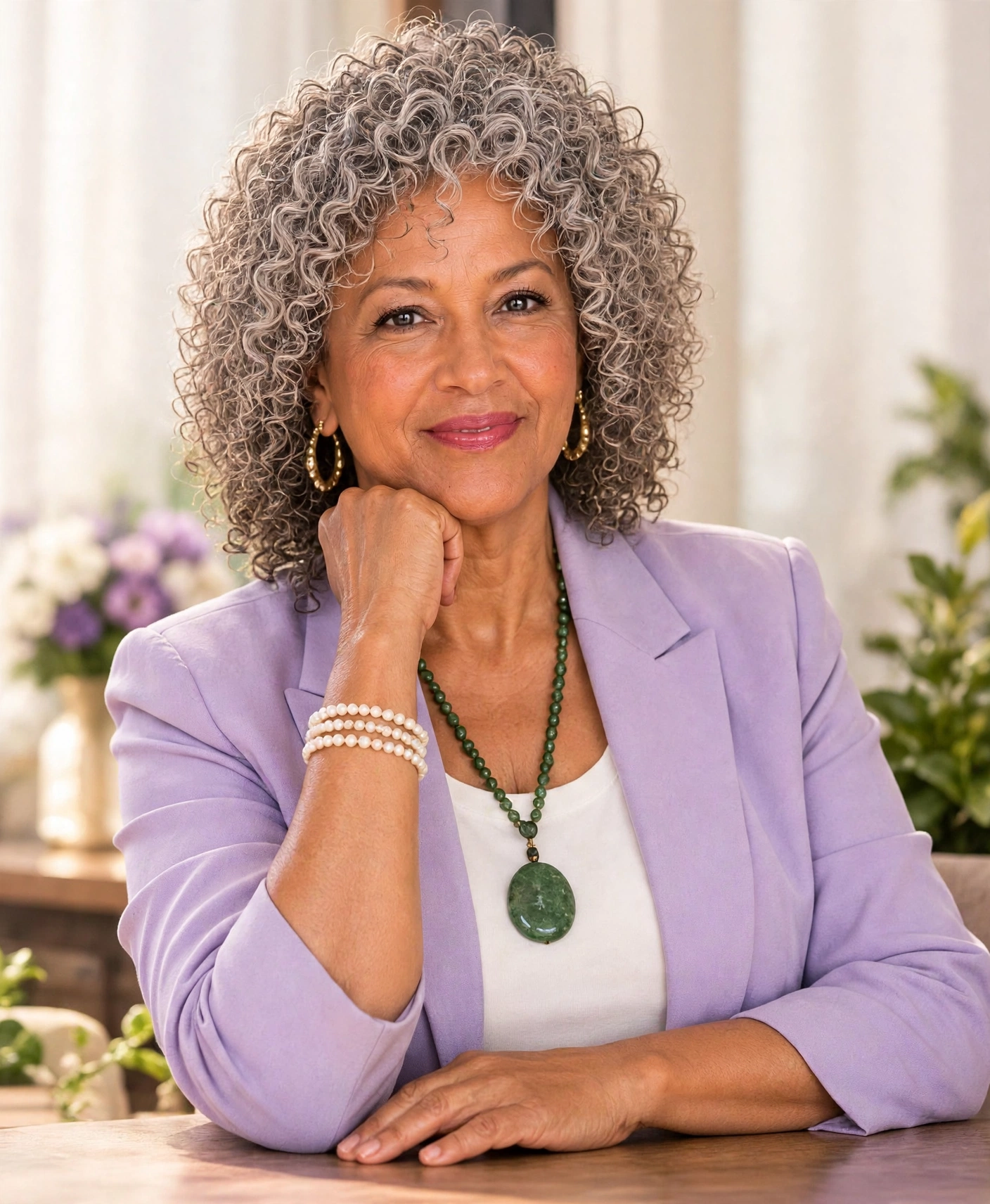 Portrait of Gail A. Burton in a lavender blazer, resting her chin on her hand