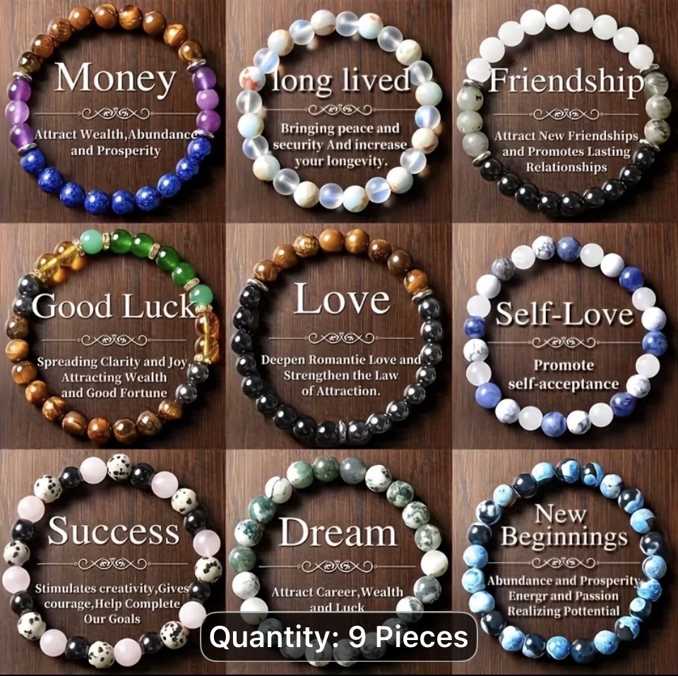 Nine gemstone bracelets representing intentions such as friendship, love, self-love, success, and new beginnings