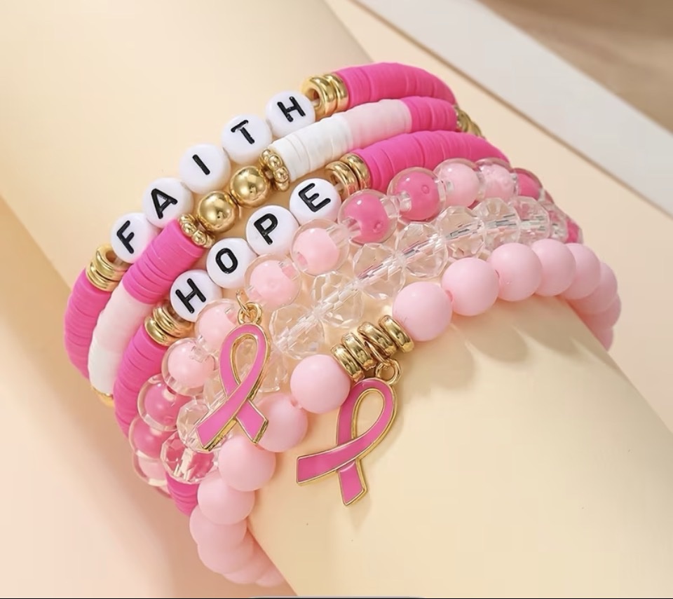 Pink beaded bracelets with FAITH and HOPE letter beads and pink ribbon charms