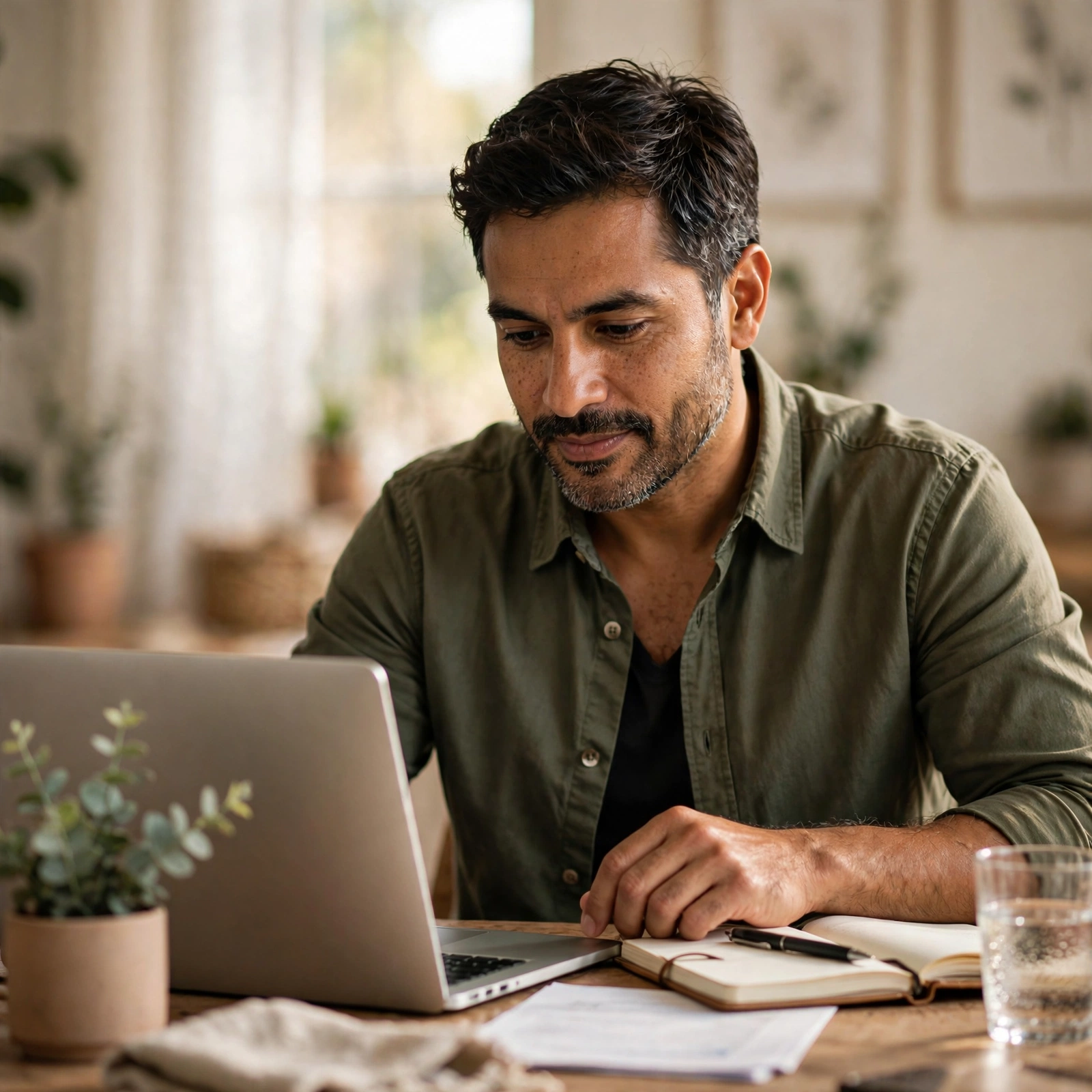 A man working at a desk with a laptop and an open notebook