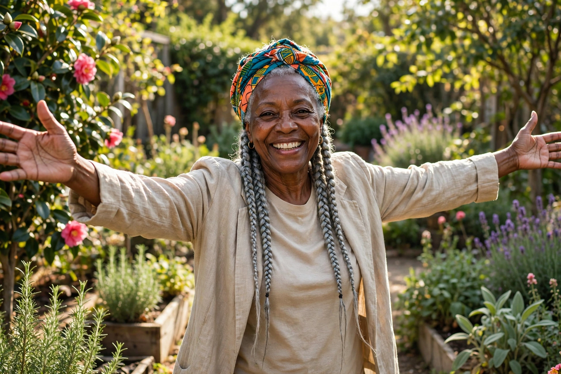 A woman standing in her garden with her arms open, smiling