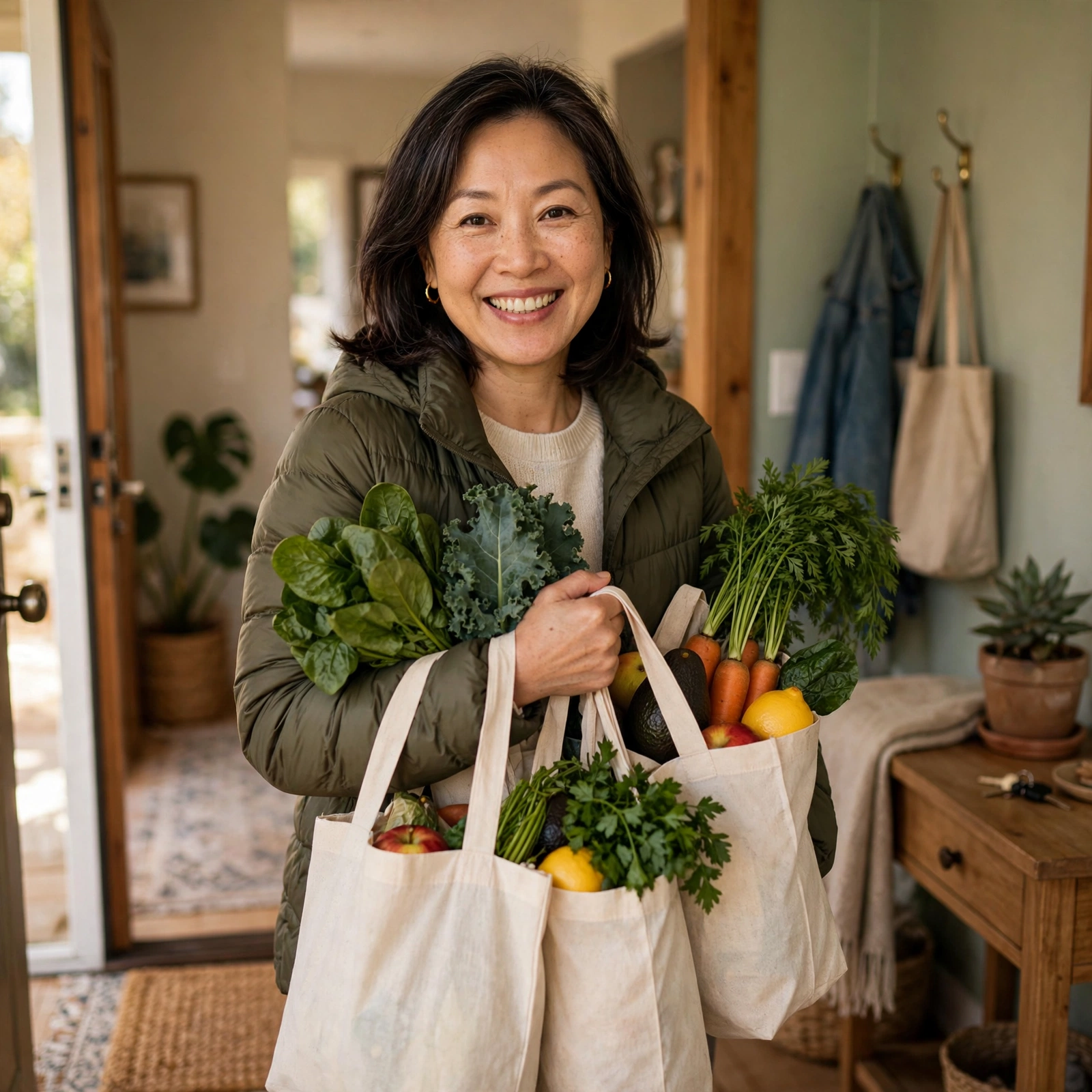 A woman at her front door, smiling and carrying canvas bags of fresh groceries