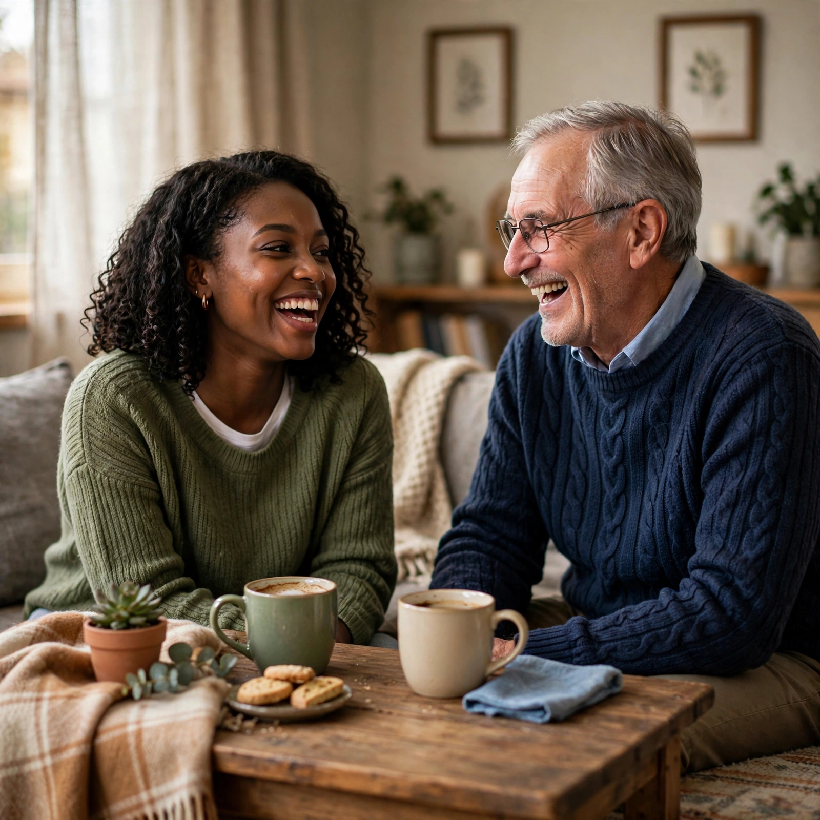 A senior man and a younger woman laughing together over coffee at a wooden table