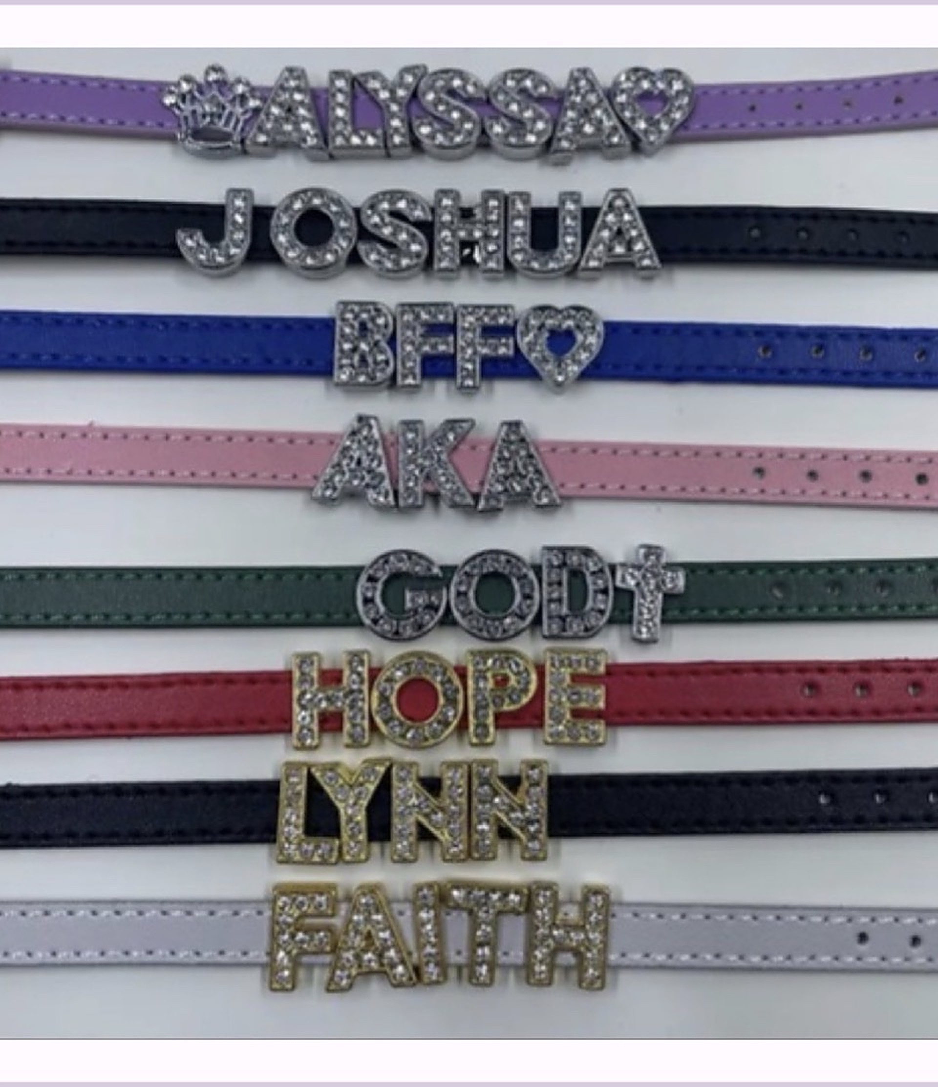 Eight finished bands with rhinestone letters spelling Alyssa, Joshua, RFF, Aka, God, Hope, Lynn, and Faith